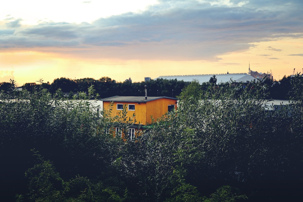 a yellow house surrounded by trees and bushes