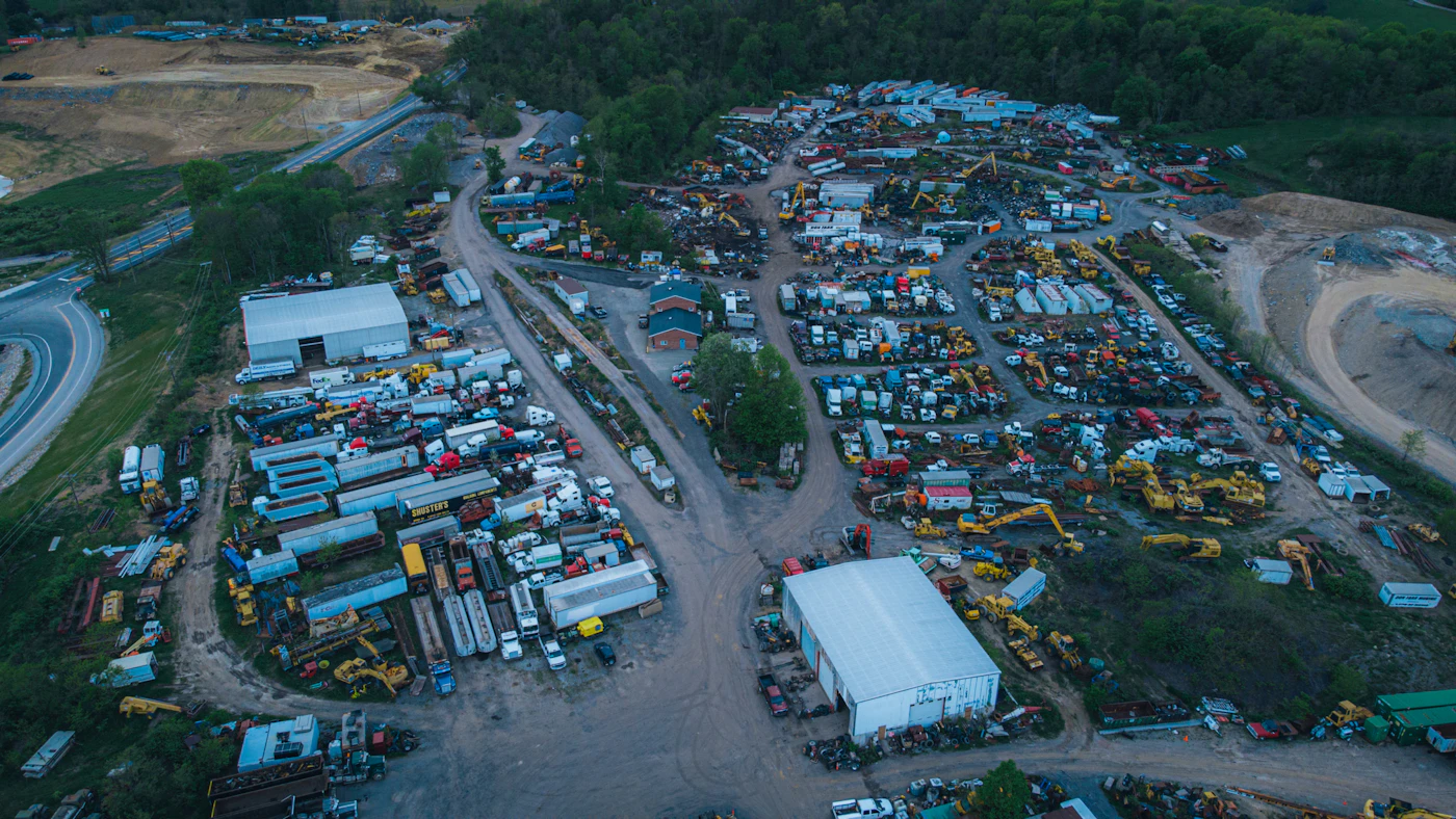 Aerial view of an active construction and industrial site