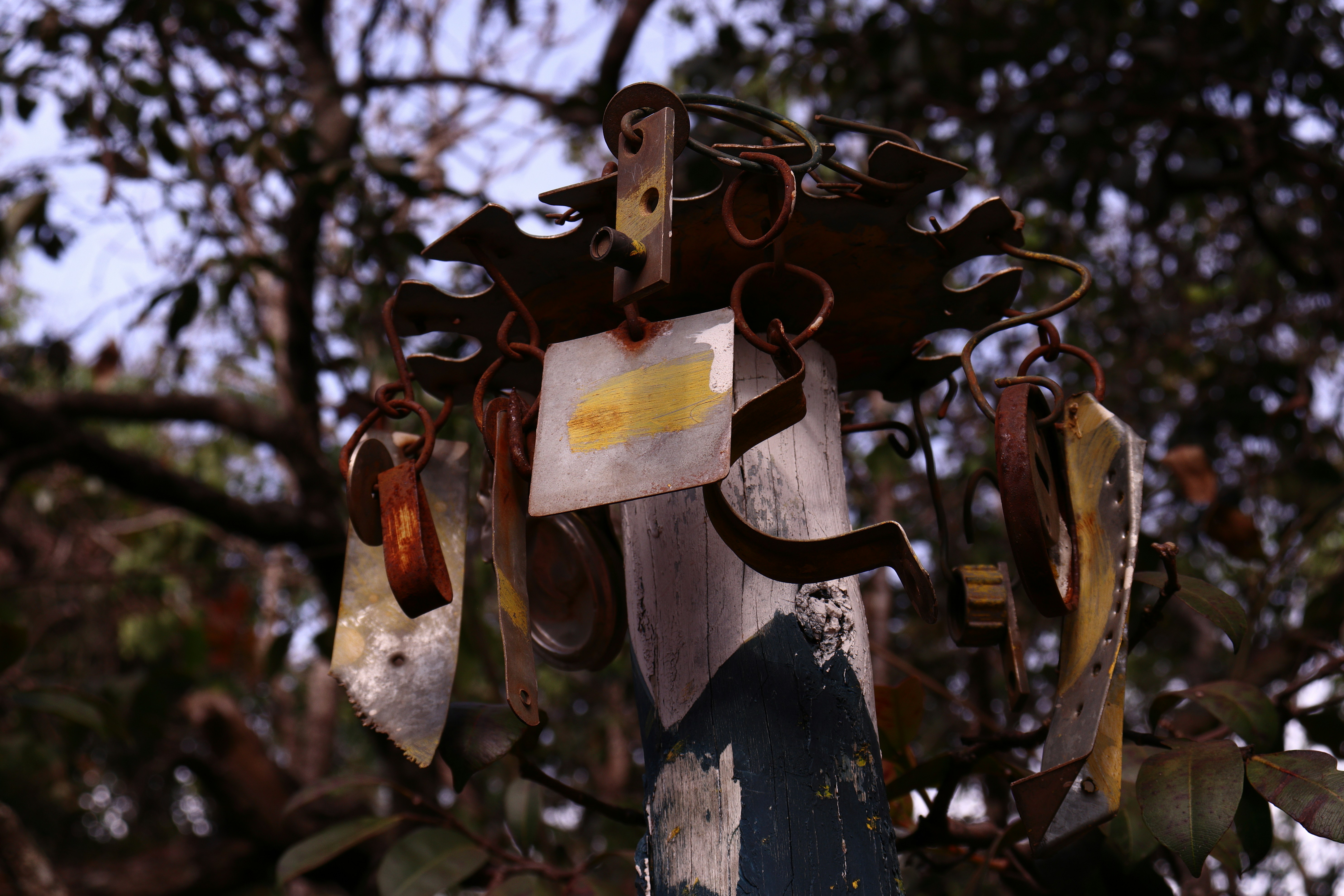 a close up of a rusted metal pole with a tree in the background