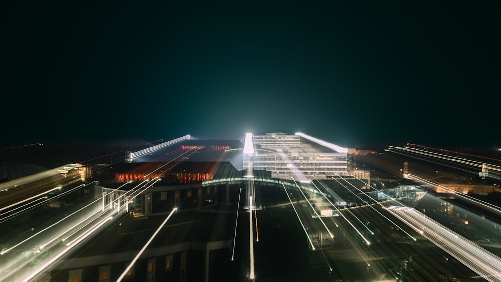 an aerial view of a city at night