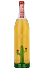 A tall bottle with a clear, amber-colored liquid inside. The bottle features a red label at the top with white text and a green glass cactus inside. The word 'Porfidio' is embossed on the front of the bottle.