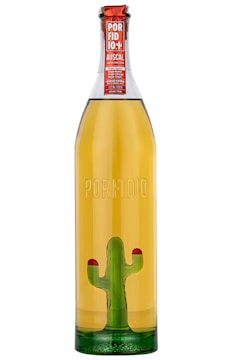 A tall bottle with a clear, amber-colored liquid inside. The bottle features a red label at the top with white text and a green glass cactus inside. The word 'Porfidio' is embossed on the front of the bottle.