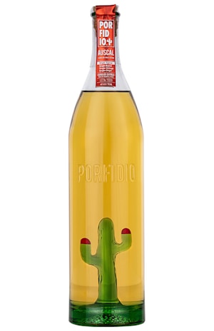 A tall bottle with a clear, amber-colored liquid inside. The bottle features a red label at the top with white text and a green glass cactus inside. The word 'Porfidio' is embossed on the front of the bottle.