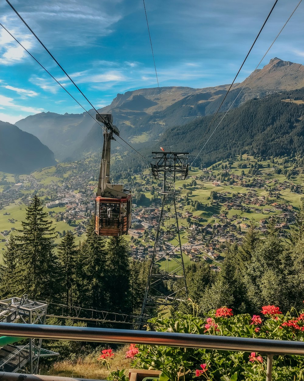 a view of a mountain town from a cable car