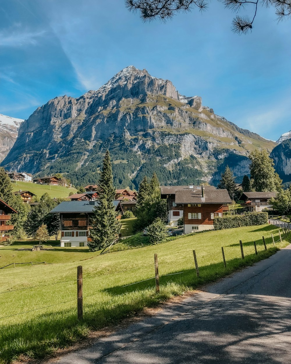 a scenic view of a mountain range with houses in the foreground