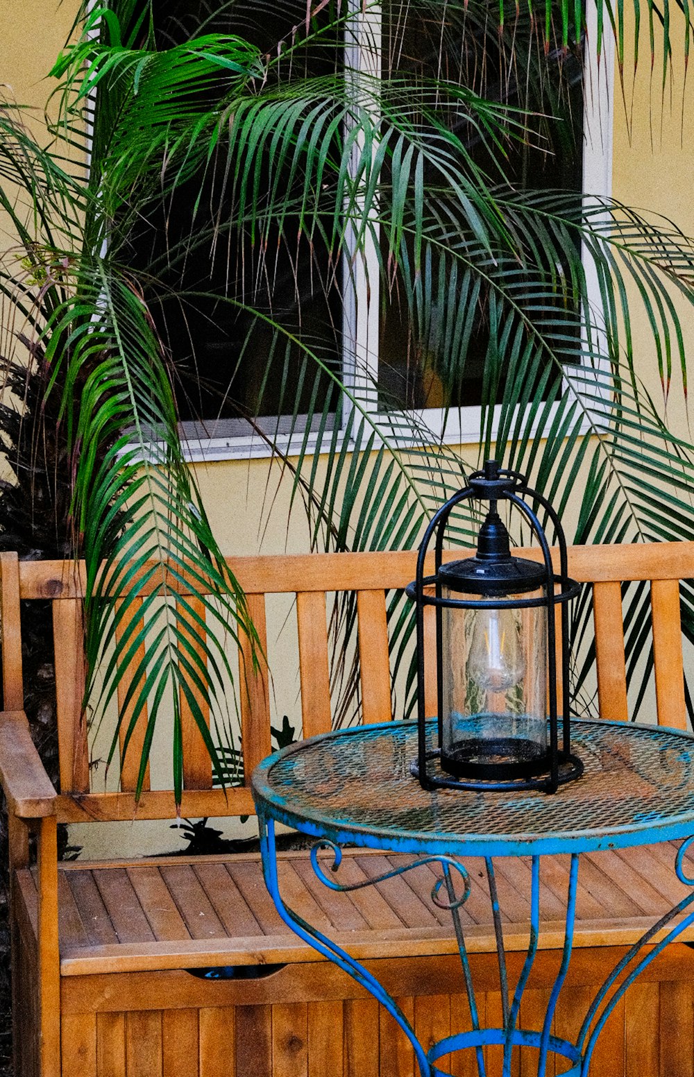 a table with a lantern on top of it