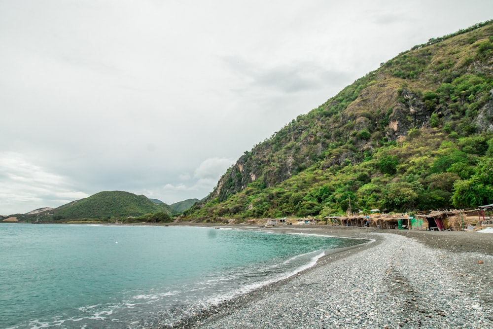 a beach with a mountain in the background