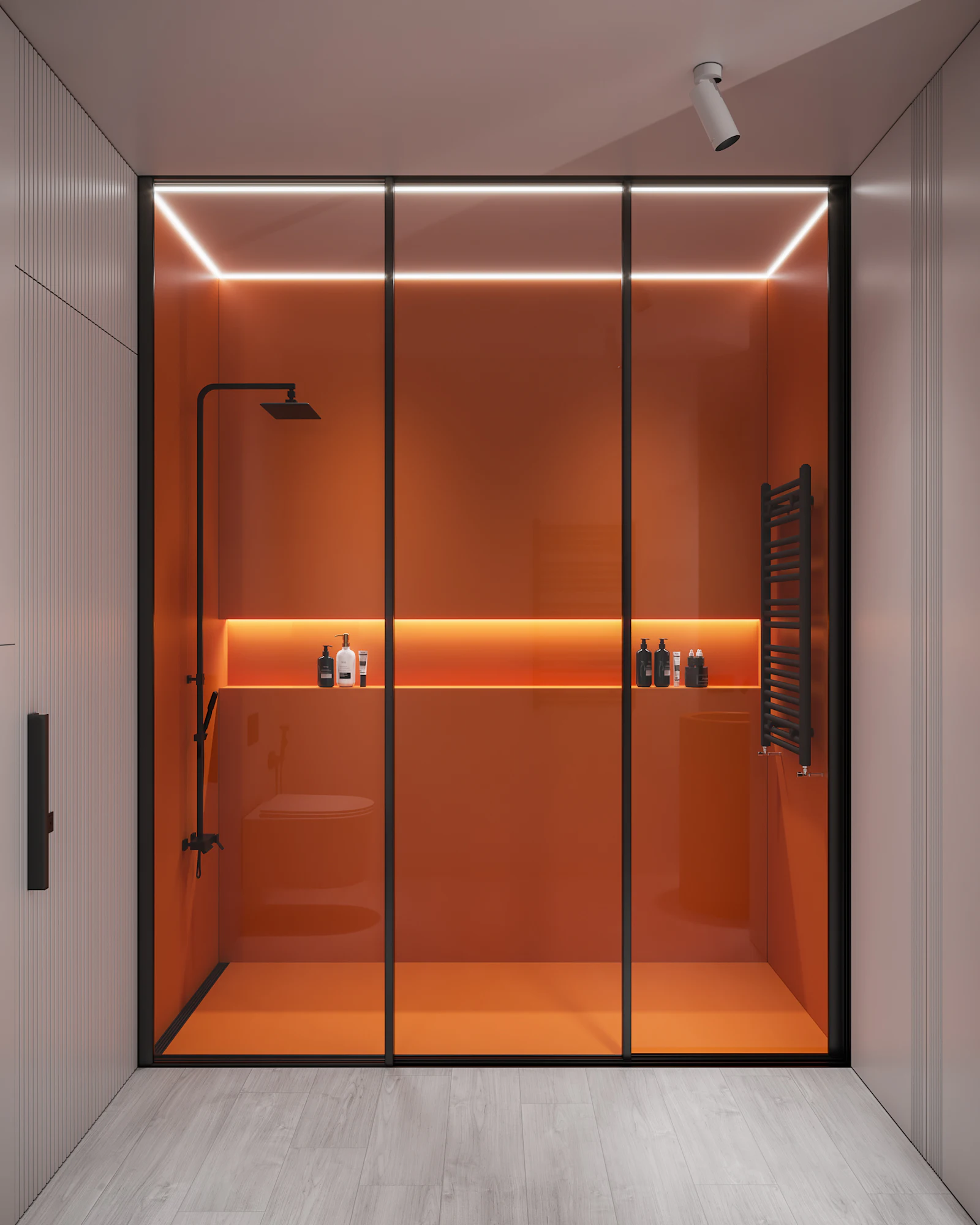 Walk-in shower with orange tile and a built-in niche