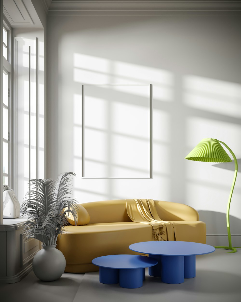 a living room with a yellow couch and a blue table