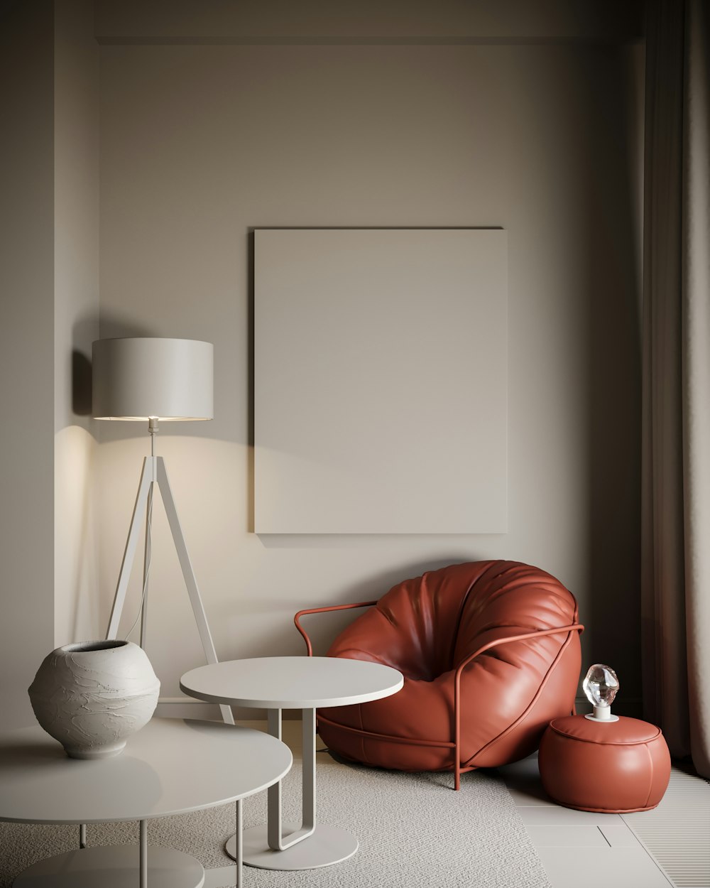 a living room with a red chair and a white table