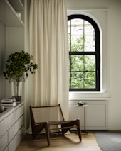 a chair sitting in front of a window in a room