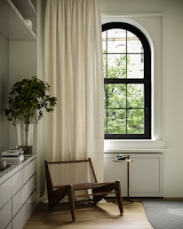 a chair sitting in front of a window in a room