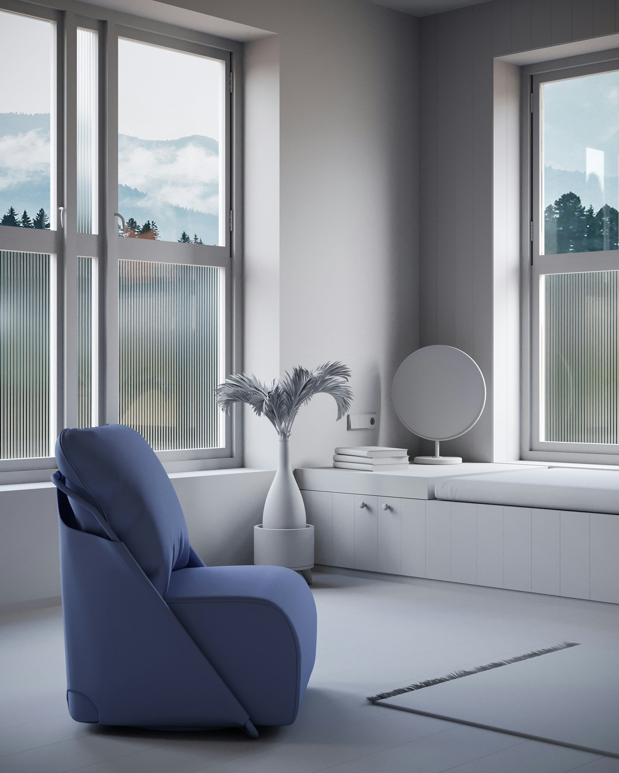 a blue chair sitting in front of a window