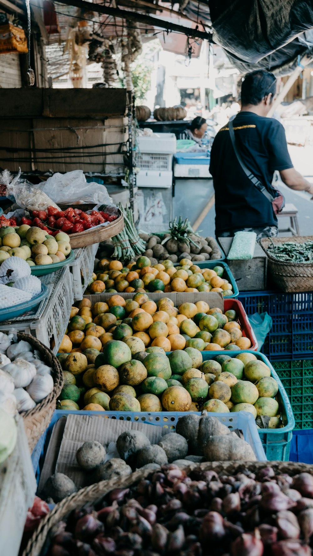 a man standing in front of a display of fruits and vegetables