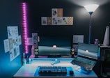 A serene workspace with calming colors and tech elements.
