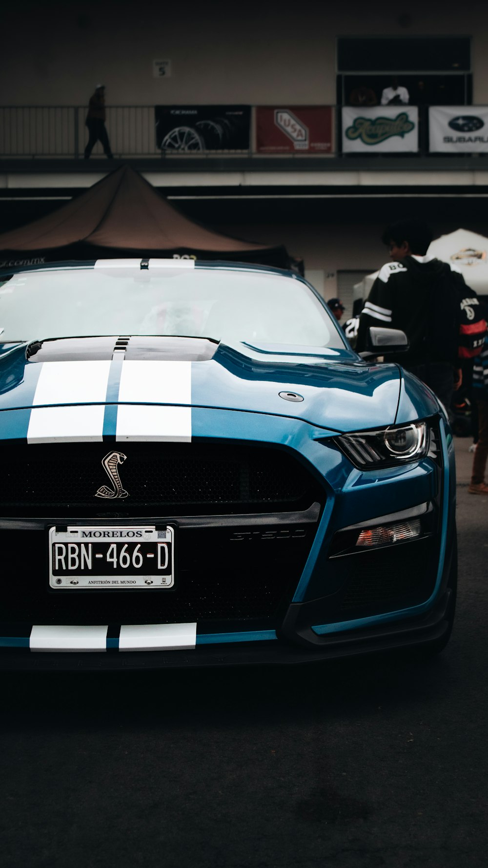 a blue and white mustang parked in a garage