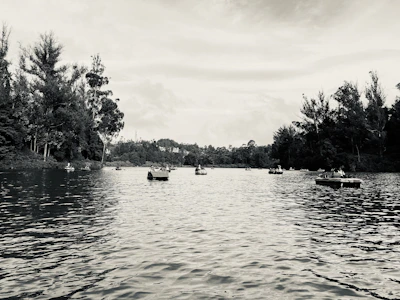 An old postcard showing the serene Kodaikanal Lake surrounded by vintage boats.