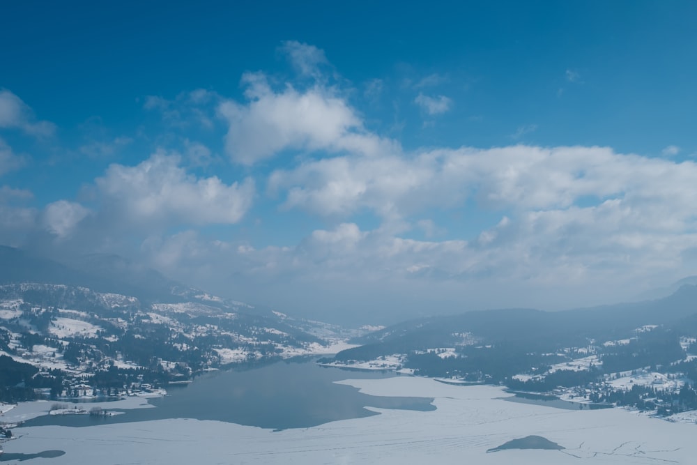 a lake surrounded by snow covered mountains under a blue sky