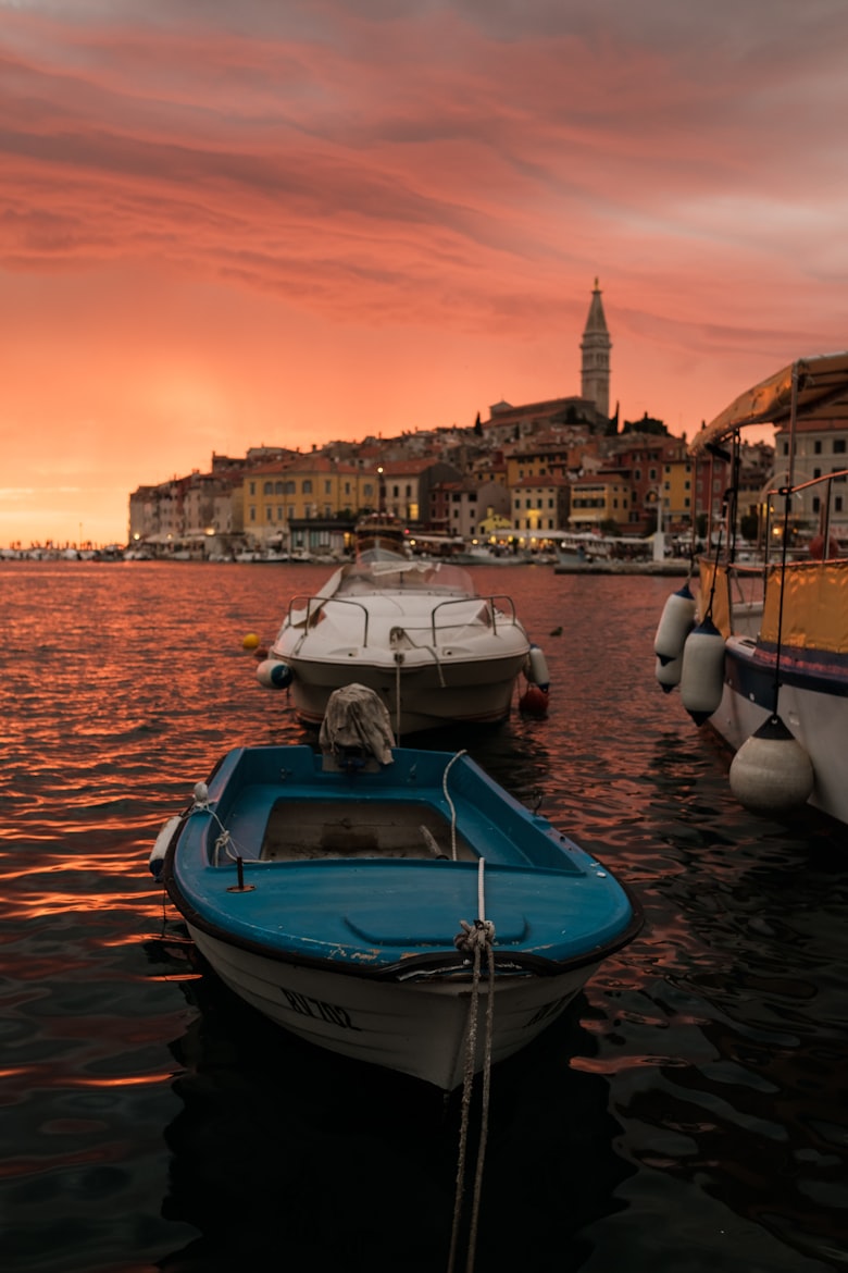 Bootjes in de haven van Rovinj met kleurrijke gebouwen op de achtergrond