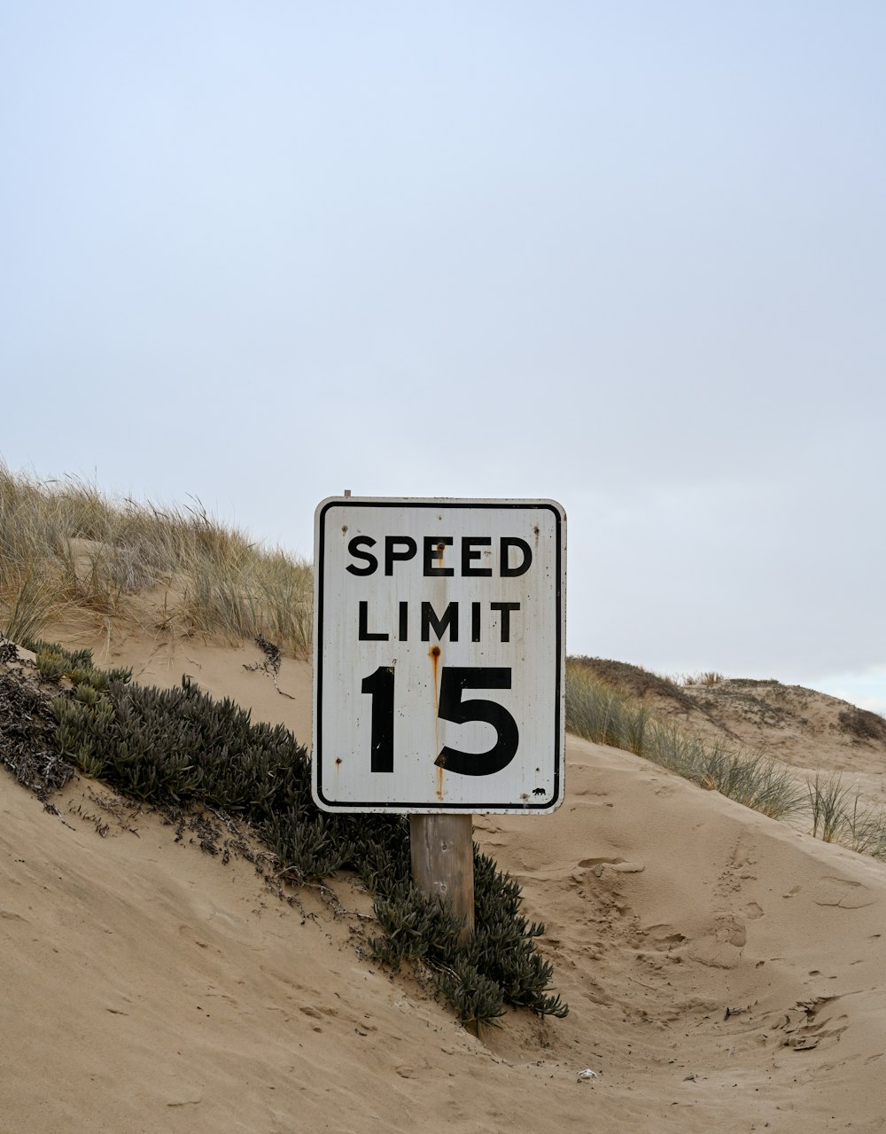 a speed limit sign sitting on top of a sandy beach