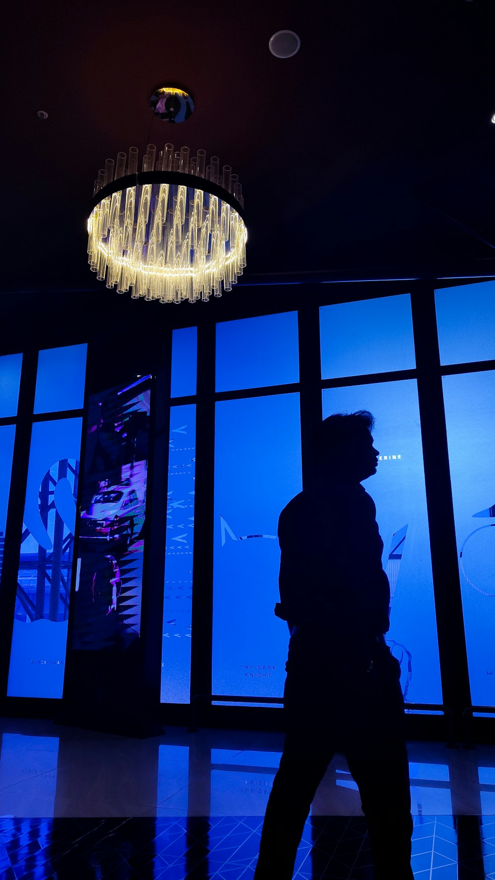 a person standing in front of a window with a chandelier