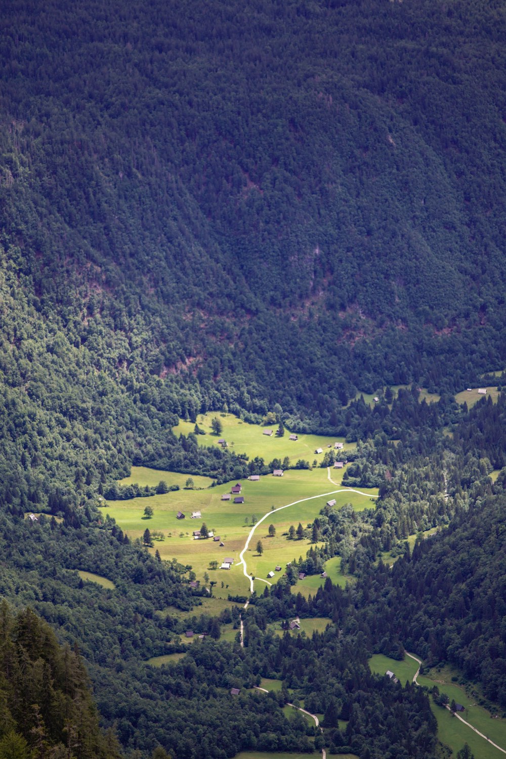 a view of a lush green valley surrounded by mountains