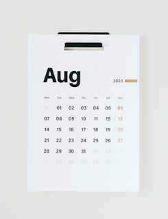 A minimalist wall calendar featuring the month of August 2023. The calendar displays the days of the week starting from Monday and highlights Sundays in a different color. It is suspended on a white wall using a black clip.
