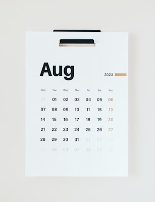 A minimalist wall calendar featuring the month of August 2023. The calendar displays the days of the week starting from Monday and highlights Sundays in a different color. It is suspended on a white wall using a black clip.