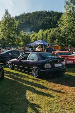 Several cars are parked in an open grassy area near a forested hillside. A dark-colored car is prominently displayed in the foreground, with people gathered around, possibly at an outdoor car event. A blue tent canopy with branding is visible among the crowd.