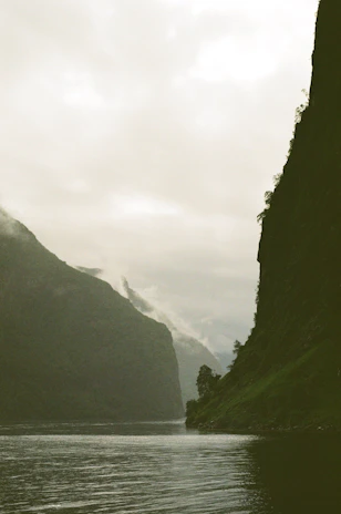 A serene Scandinavian fjord at sunrise with mist hovering over the water.