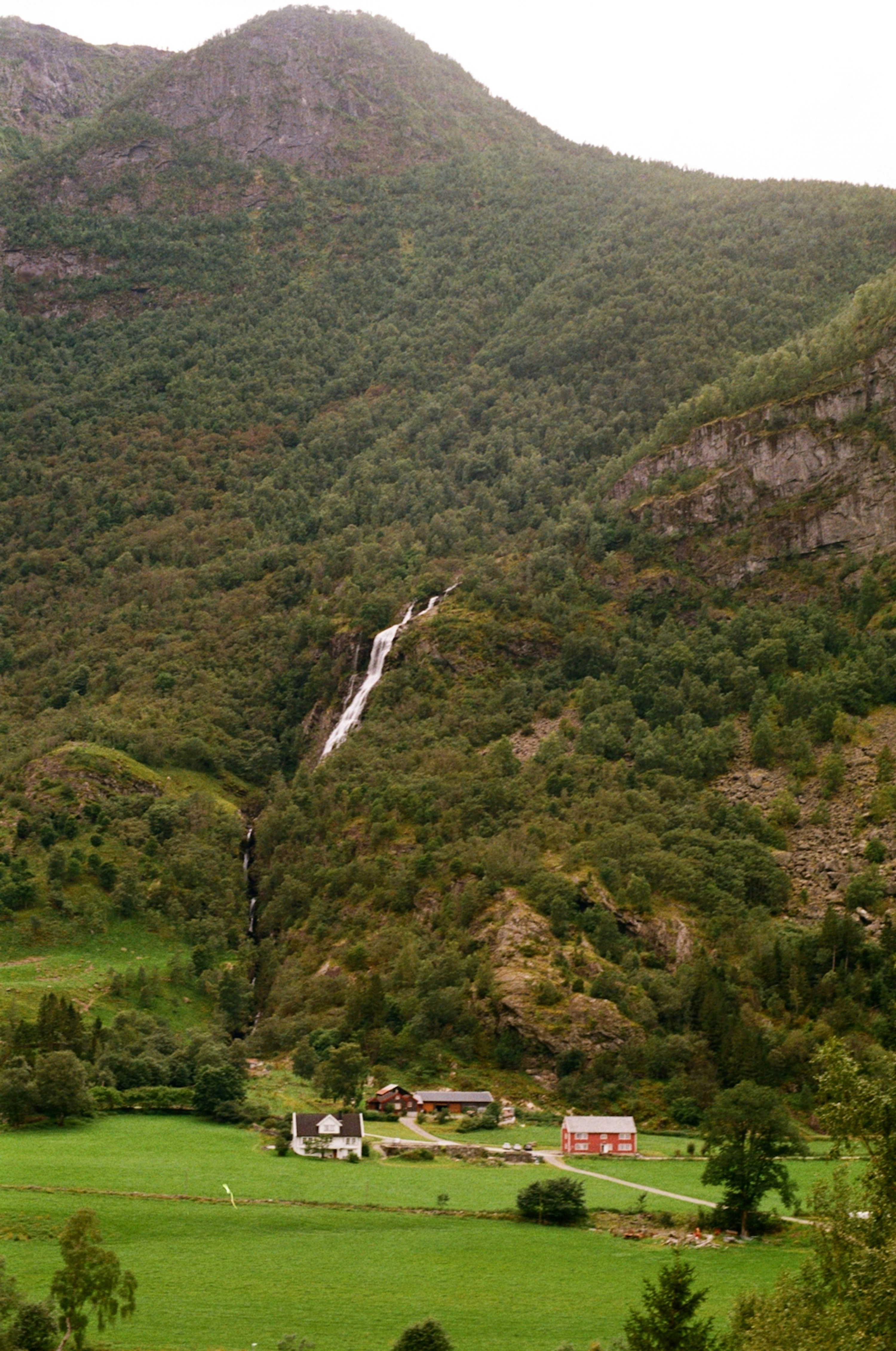 Waterfall cascading down a green, tree-covered mountain slope