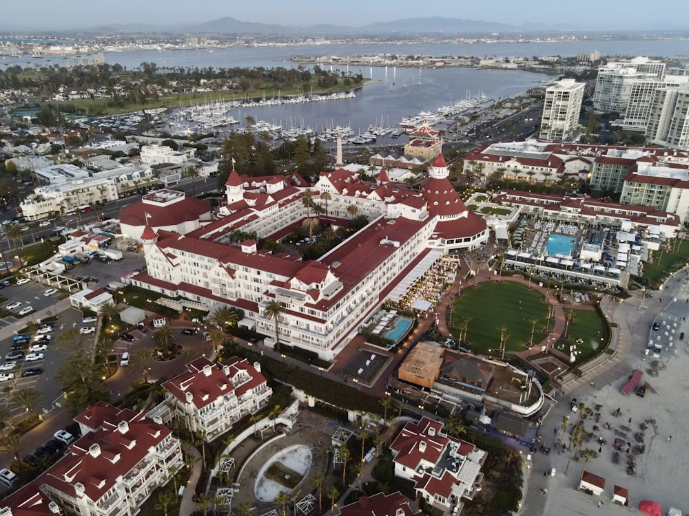 an aerial view of a large white building