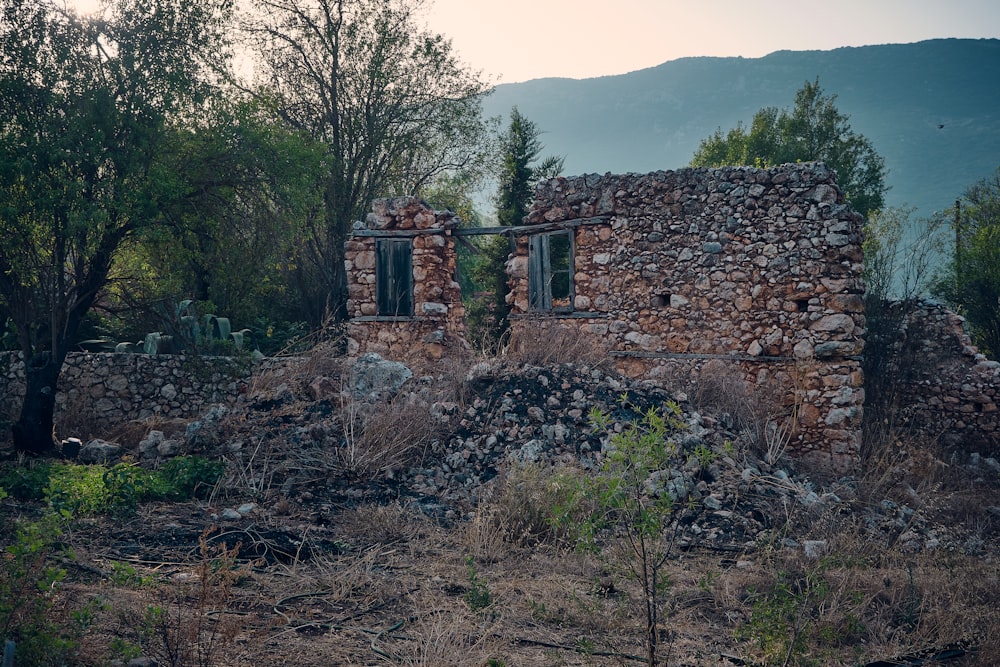 an old stone building in the middle of a forest