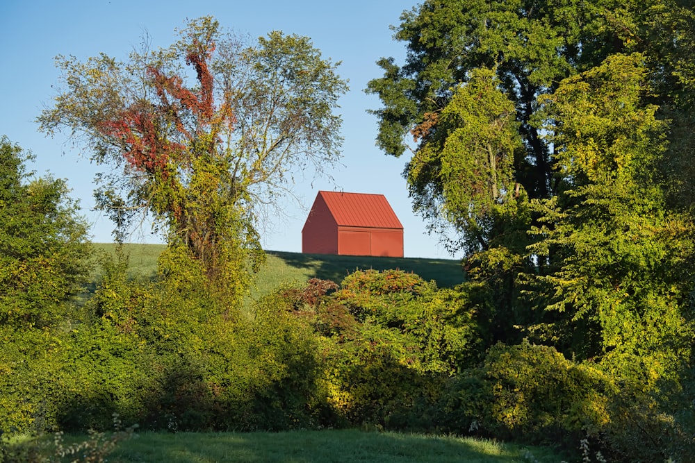 a red barn in the middle of a green field