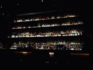 A moody, dimly lit bar shelf showcasing an array of aged genever bottles with deep green and gold accents.