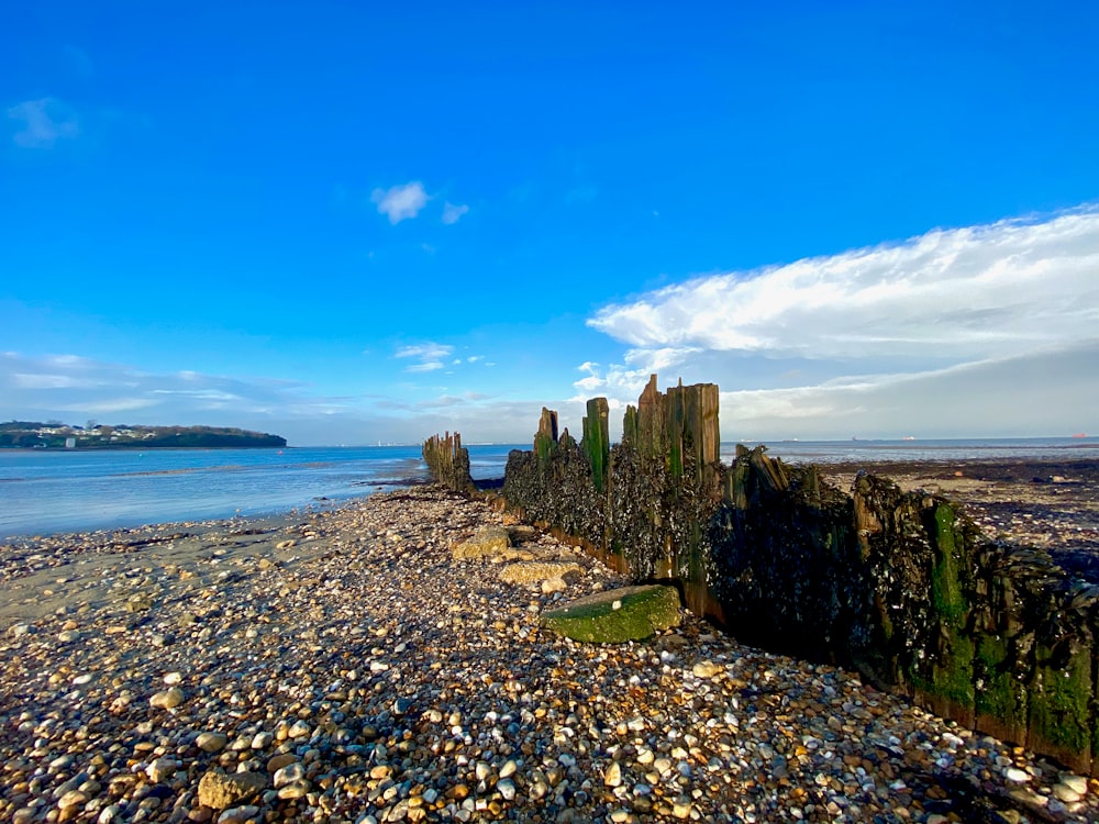 a rocky beach with rocks and a body of water in the background