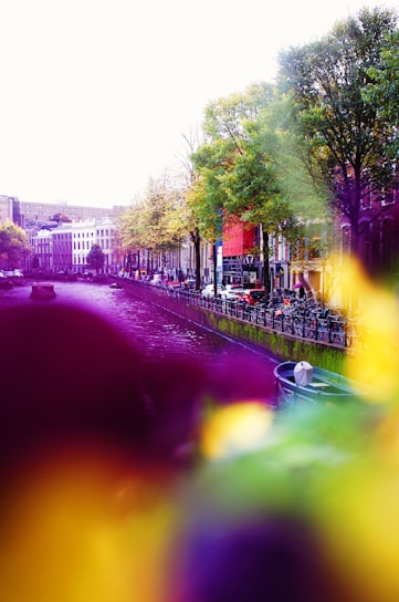 A vibrant canal scene in Amsterdam with colorful houseboats and bicycles lining the waterway.