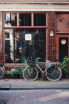 A vintage bicycle with a basket is parked on a narrow cobblestone street in front of a shop window. The facade is tiled with dark brown tiles, and a variety of potted plants are lined up against the wall. The glass window reflects the surrounding buildings, street, and a vent in the center. A small number plate with the number 24 is mounted on the wall.