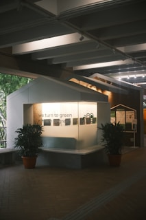 A small exhibit area with informational panels and the phrase 'we turn to green' displayed prominently. The setup is housed under a modern ceiling structure with lines and beams. Two potted plants flank the exhibit, enhancing the natural theme. Ambient light creates a calm and focused atmosphere.