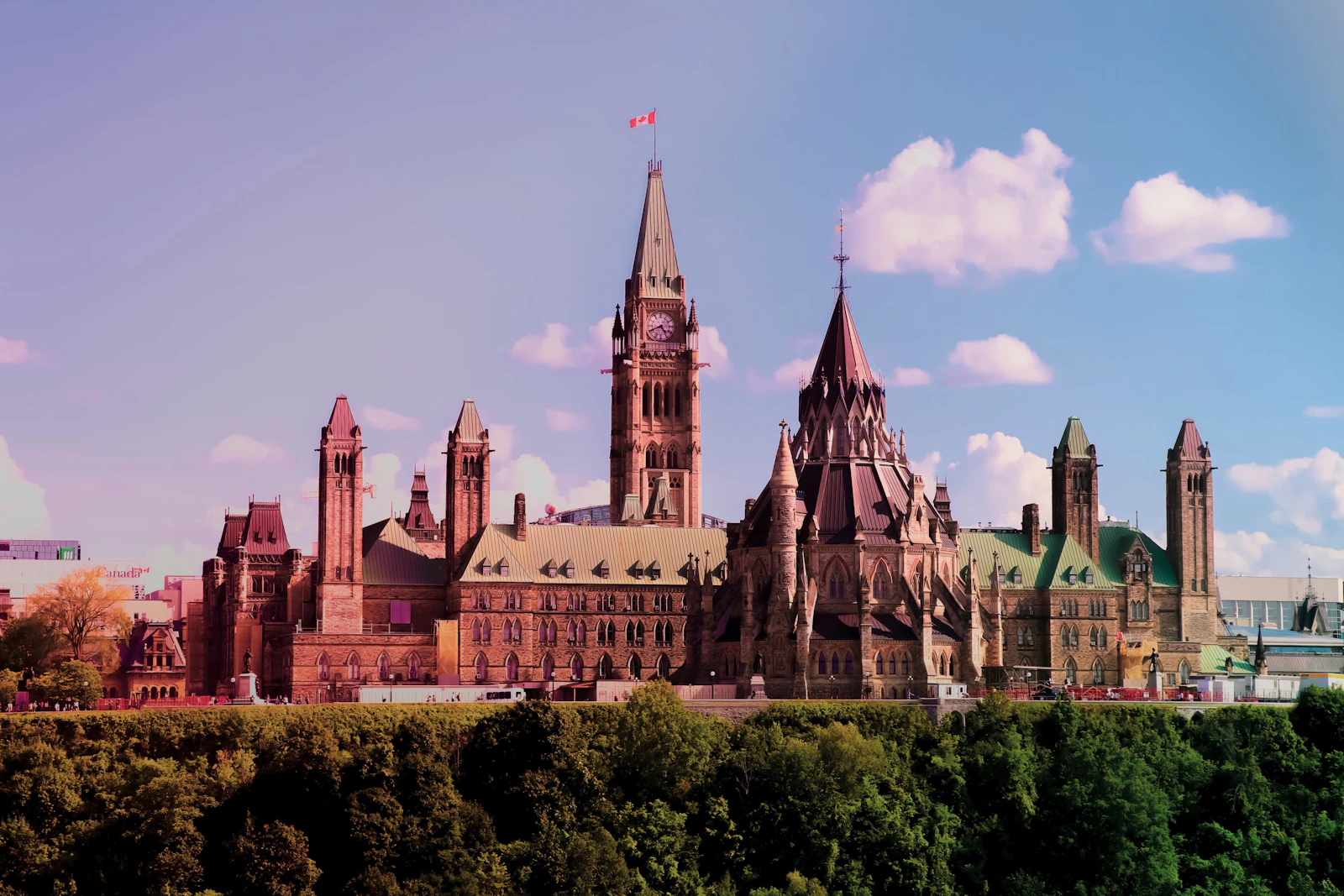 The Parliament buildings on Parliament Hill in Ottawa Ontario with the Peace Tower rising against the sky