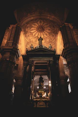 A sophisticated temple interior blending medieval occult symbols with modern cinematic lighting effects