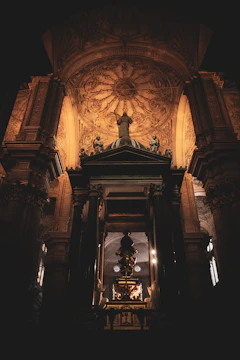 A sophisticated temple interior blending medieval occult symbols with modern cinematic lighting effects