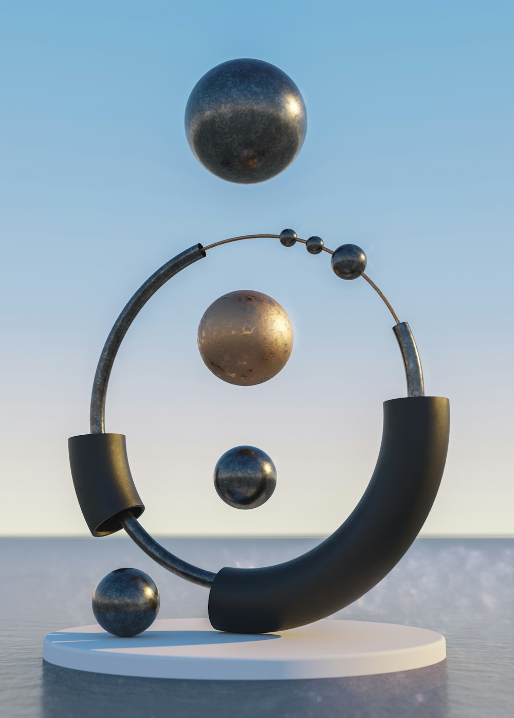 a metal sculpture on a white pedestal with a blue sky in the background