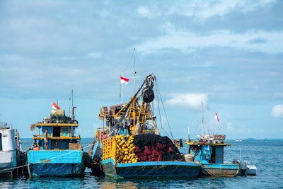Several fishing boats are docked together on a calm sea. The boats are vibrant with blue and yellow colors, with fishing nets and other equipment visible on deck. Flags are flying on top of the boats, and a clear sky with scattered clouds is in the background.