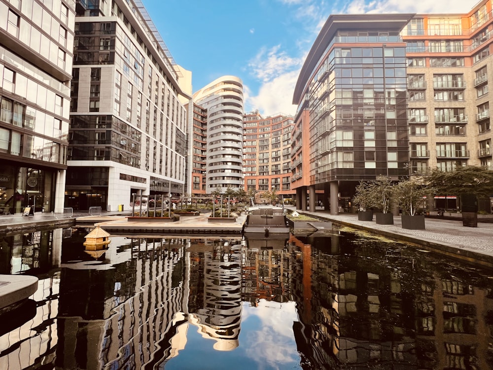 a body of water surrounded by tall buildings