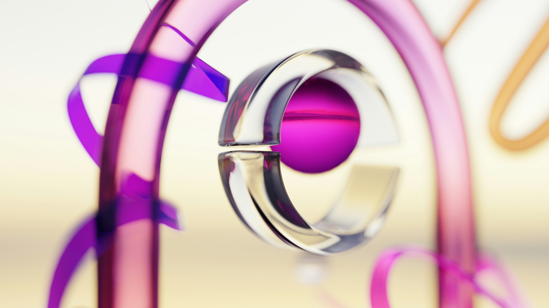 A futuristic and abstract design featuring a central pink sphere partially enclosed by a transparent, segmented ring. The composition includes flowing, curved lines in purple and pink, set against a soft, pastel background.