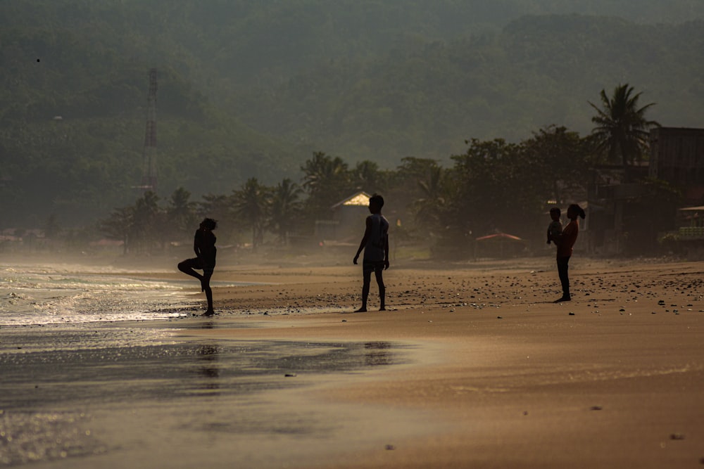 a group of people standing on top of a sandy beach