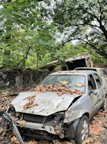 A heavily damaged car with a crumpled front and missing parts is covered in dead leaves, suggesting abandonment. The vehicle is surrounded by dense greenery, indicating it is situated in a forested or overgrown area. The background includes a stone wall and large trees.