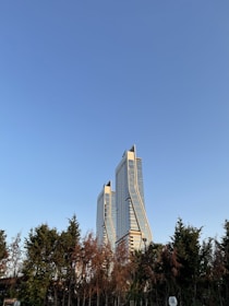 Twin skyscrapers rise above a line of dense trees, reaching into the clear blue sky. The buildings feature modern architectural design with sleek, curved lines and glass exteriors.