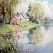 A cozy lakeside cottage with trees reflecting in calm water under a soft sunset.